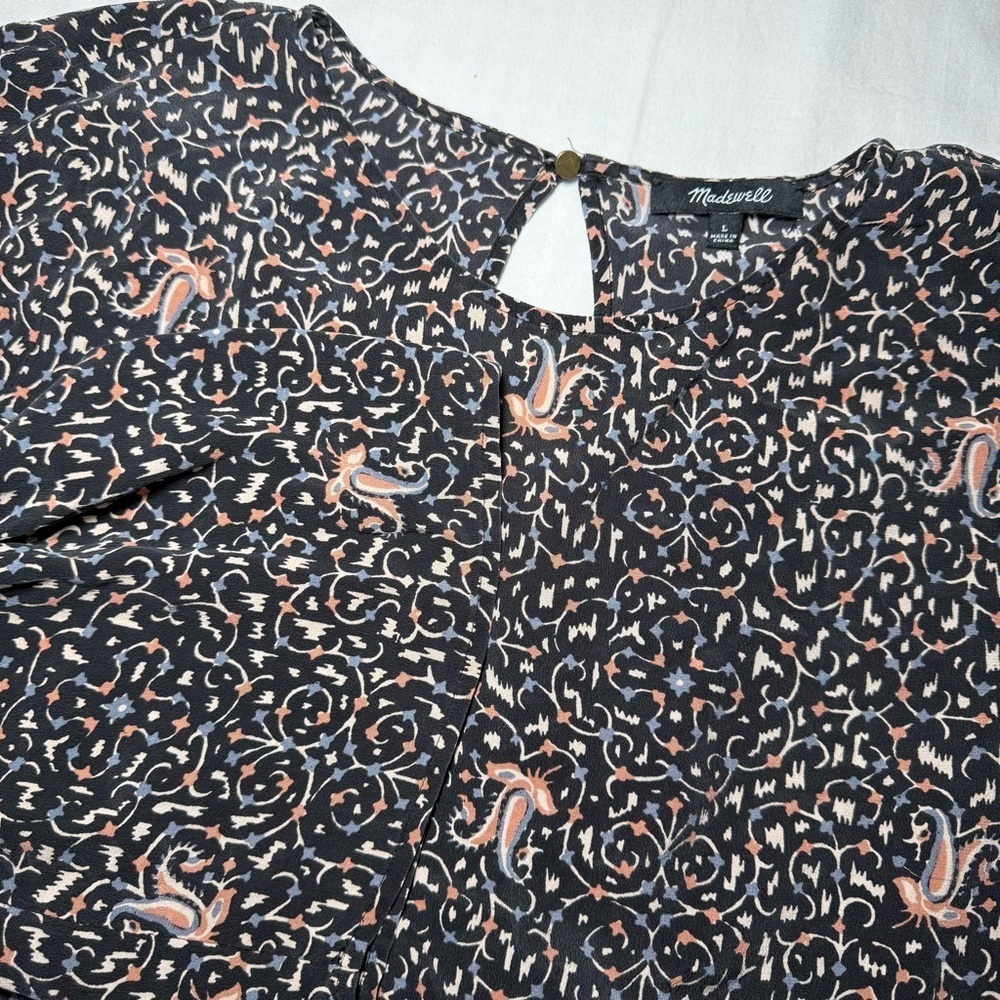 Madewell 100% Silk Blouse Large Black Floral Peasant Cottagecore Ruffle Sleeve